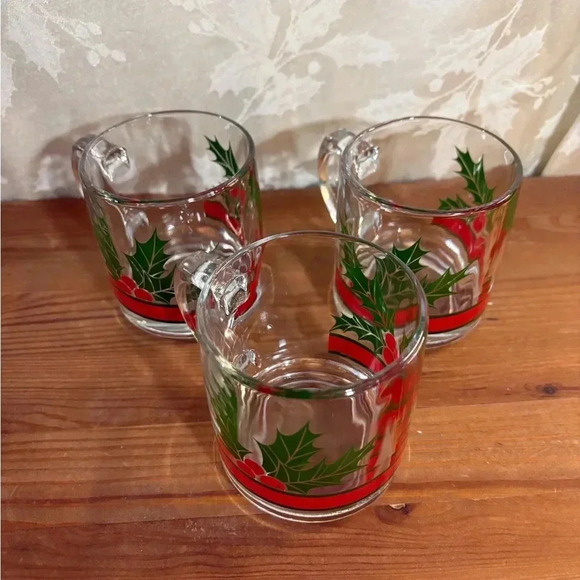 1980's Libby Dbl Old Fashion Bold Green Holly & Red Berries Vintage - Picture 2 of 4